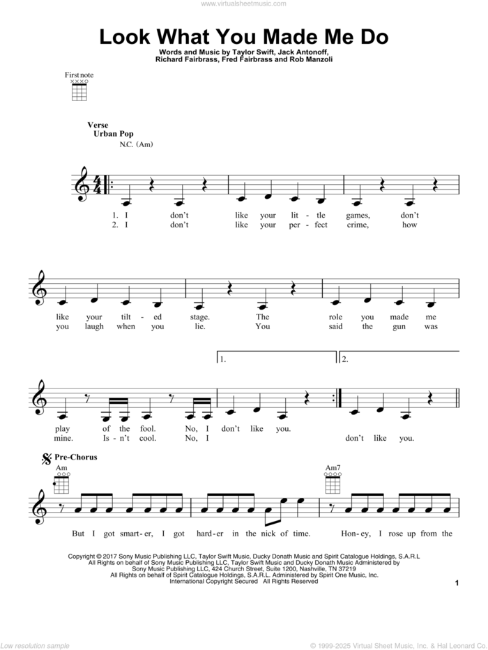 Look What You Made Me Do sheet music for ukulele by Taylor Swift, Fred Fairbrass, Jack Antonoff, Richard Fairbrass and Rob Manzoli, intermediate skill level