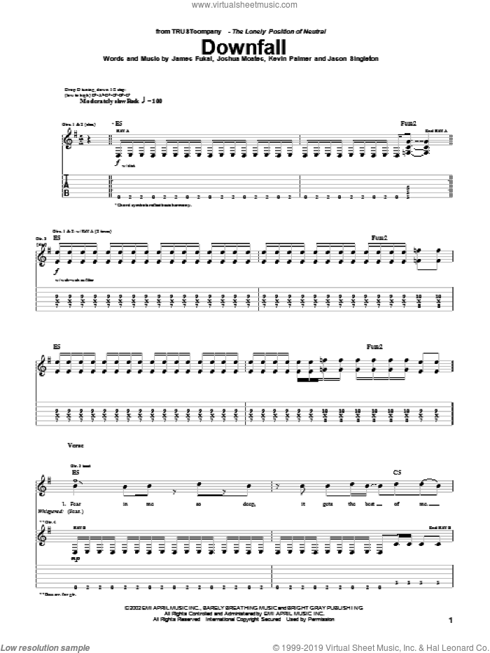 Downfall sheet music for guitar (tablature) by TRUSTcompany, James Fukai, Jason Singleton and Joshua Moates, intermediate skill level