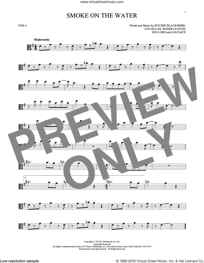 Smoke On The Water sheet music for viola solo by Deep Purple, Ian Gillan, Ian Paice, Jon Lord, Ritchie Blackmore and Roger Glover, intermediate skill level