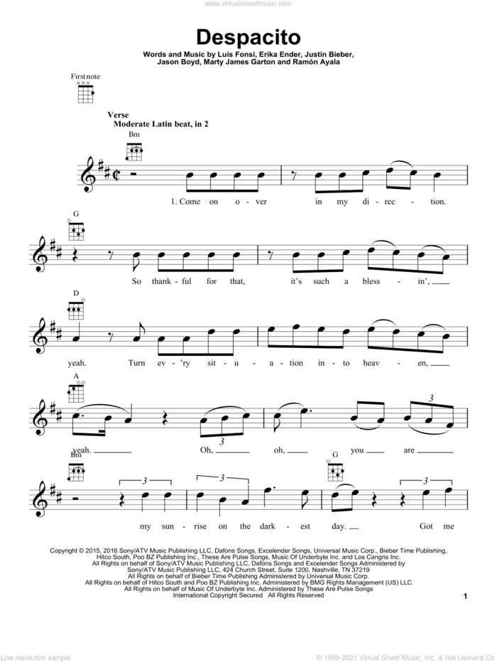 Despacito sheet music for ukulele by Luis Fonsi & Daddy Yankee feat. Justin Bieber, Erika Ender, Luis Fonsi and Ramon Ayala, intermediate skill level