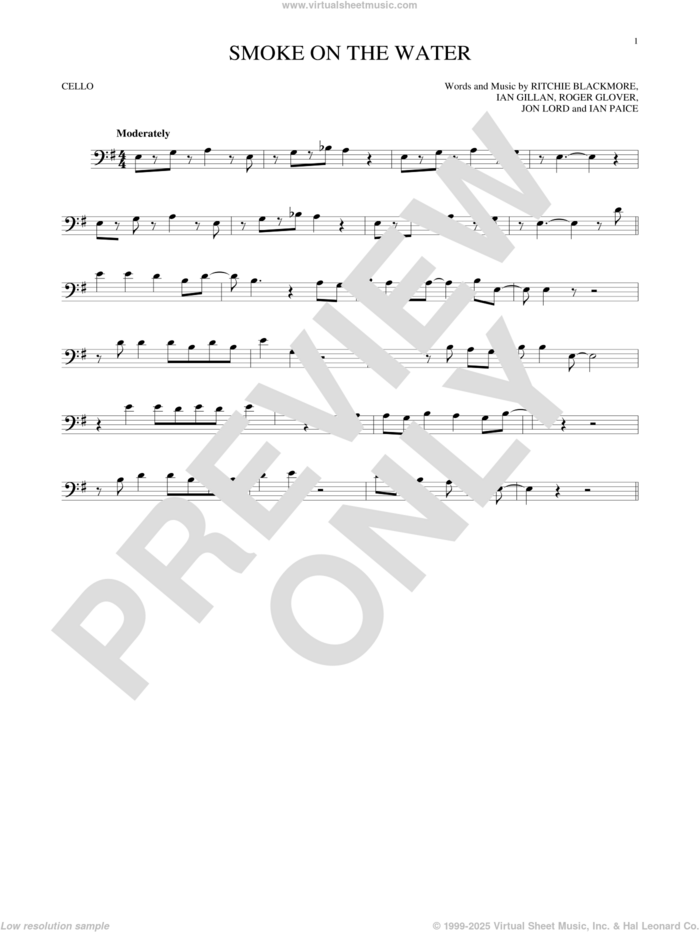 Smoke On The Water sheet music for cello solo by Deep Purple, Ian Gillan, Ian Paice, Jon Lord, Ritchie Blackmore and Roger Glover, intermediate skill level