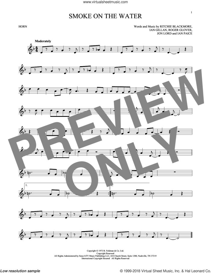 Smoke On The Water sheet music for horn solo by Deep Purple, Ian Gillan, Ian Paice, Jon Lord, Ritchie Blackmore and Roger Glover, intermediate skill level