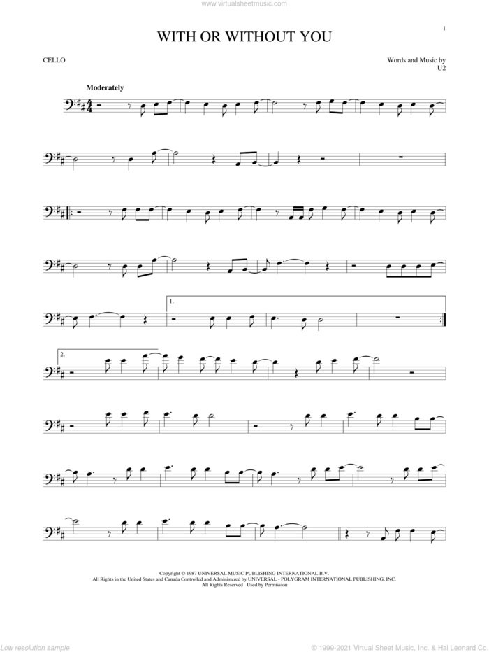 With Or Without You sheet music for cello solo by U2, intermediate skill level