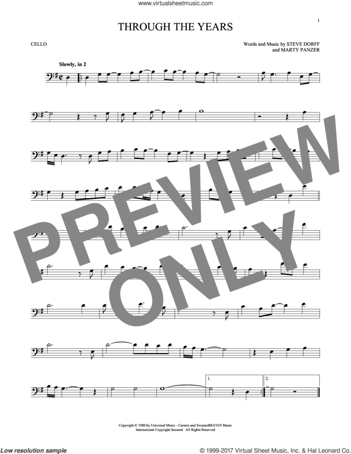 Through The Years sheet music for cello solo by Kenny Rogers, Marty Panzer and Steve Dorff, intermediate skill level