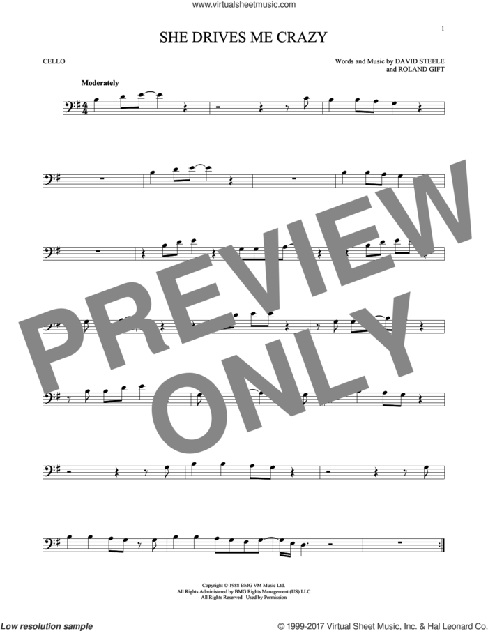 She Drives Me Crazy sheet music for cello solo by Fine Young Cannibals, David Steele and Roland Gift, intermediate skill level