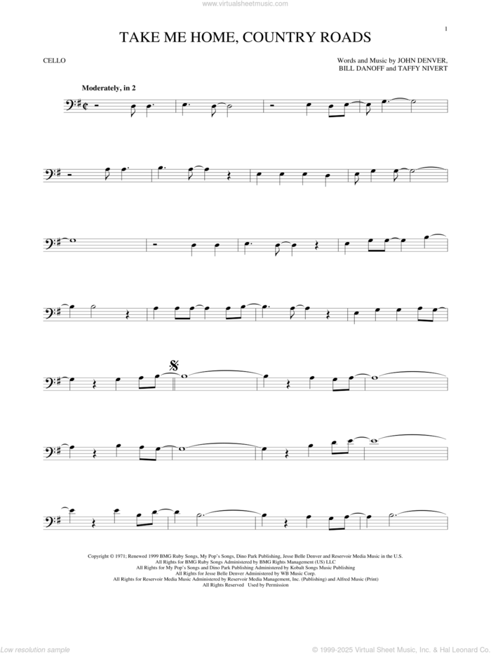 Take Me Home, Country Roads sheet music for cello solo by John Denver, Bill Danoff and Taffy Nivert, intermediate skill level