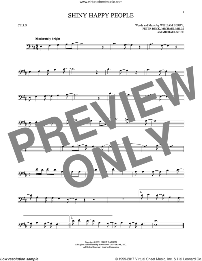 Shiny Happy People sheet music for cello solo by R.E.M., Michael Stipe, Mike Mills, Peter Buck and William Berry, intermediate skill level