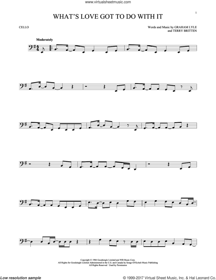 What's Love Got To Do With It sheet music for cello solo by Tina Turner, Miscellaneous, Graham Lyle and Terry Britten, intermediate skill level