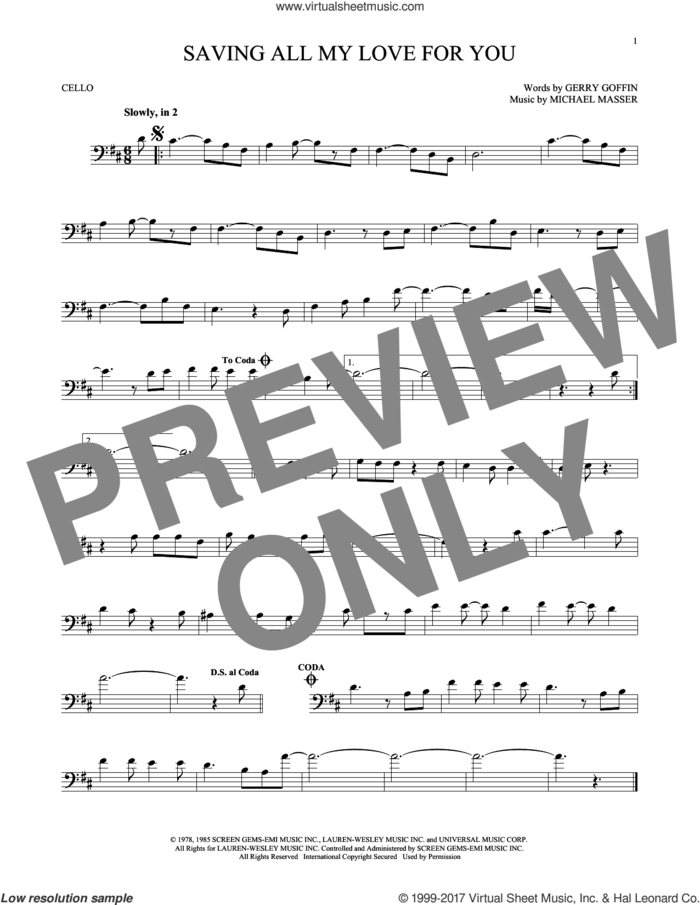 Saving All My Love For You sheet music for cello solo by Whitney Houston, Gerry Goffin and Michael Masser, intermediate skill level