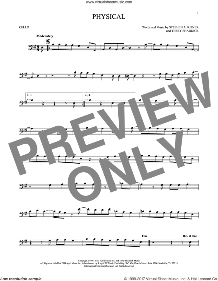 Physical sheet music for cello solo by Olivia Newton-John, Stephen A. Kipner and Terry Shaddick, intermediate skill level