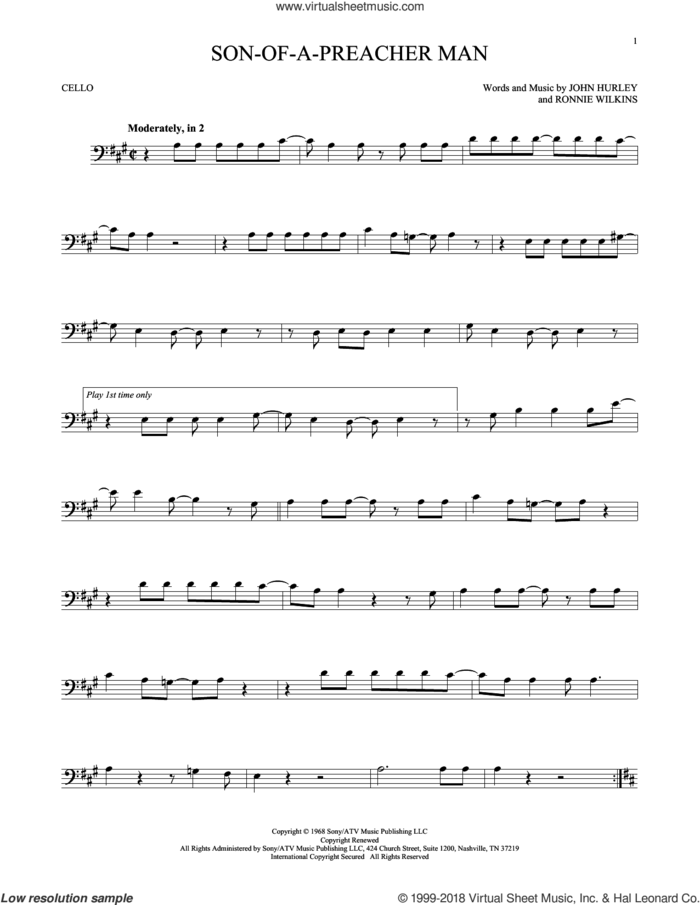 Son-Of-A-Preacher Man sheet music for cello solo by Dusty Springfield, John Hurley and Ronnie Wilkins, intermediate skill level