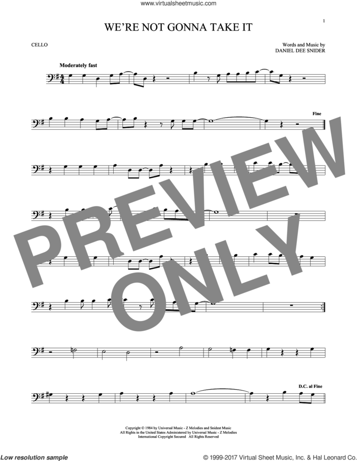 We're Not Gonna Take It sheet music for cello solo by Twisted Sister and Dee Snider, intermediate skill level