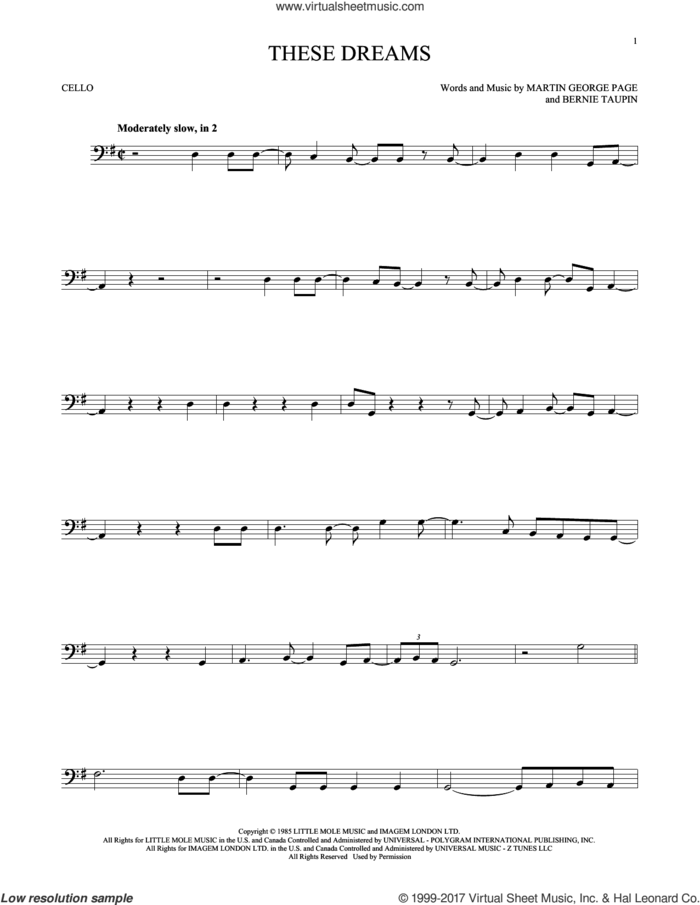 These Dreams sheet music for cello solo by Heart, Bernie Taupin and Martin George Page, intermediate skill level