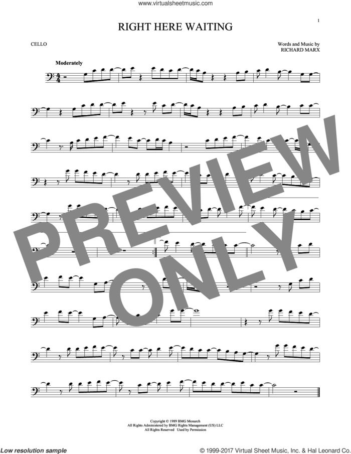 Right Here Waiting sheet music for cello solo by Richard Marx, intermediate skill level