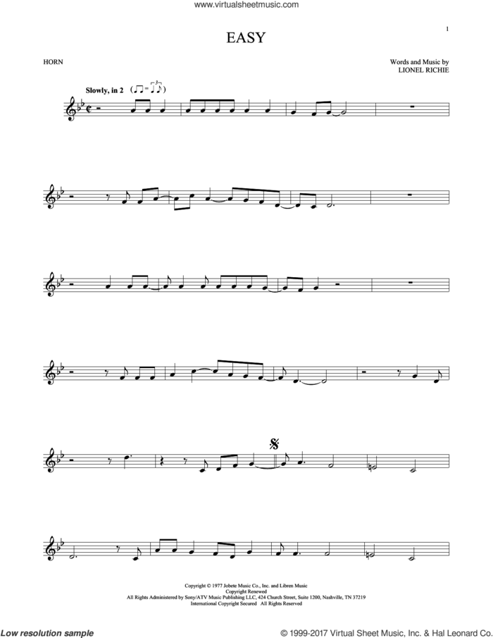 Easy sheet music for horn solo by The Commodores and Lionel Richie, intermediate skill level