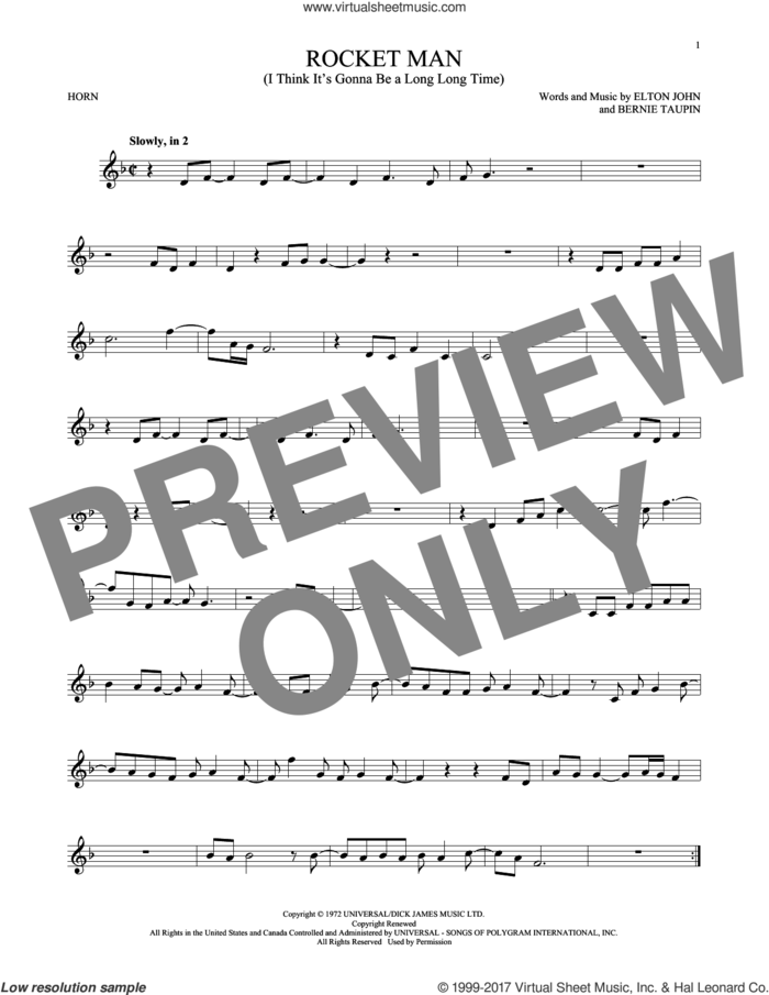 Rocket Man (I Think It's Gonna Be A Long Long Time) sheet music for horn solo by Elton John and Bernie Taupin, intermediate skill level