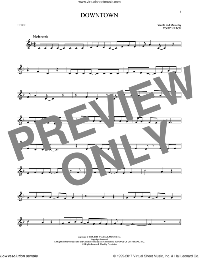 Downtown sheet music for horn solo by Petula Clark, intermediate skill level