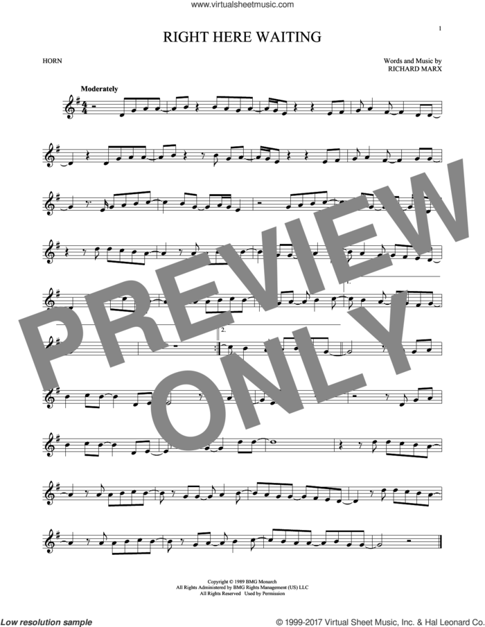 Right Here Waiting sheet music for horn solo by Richard Marx, intermediate skill level