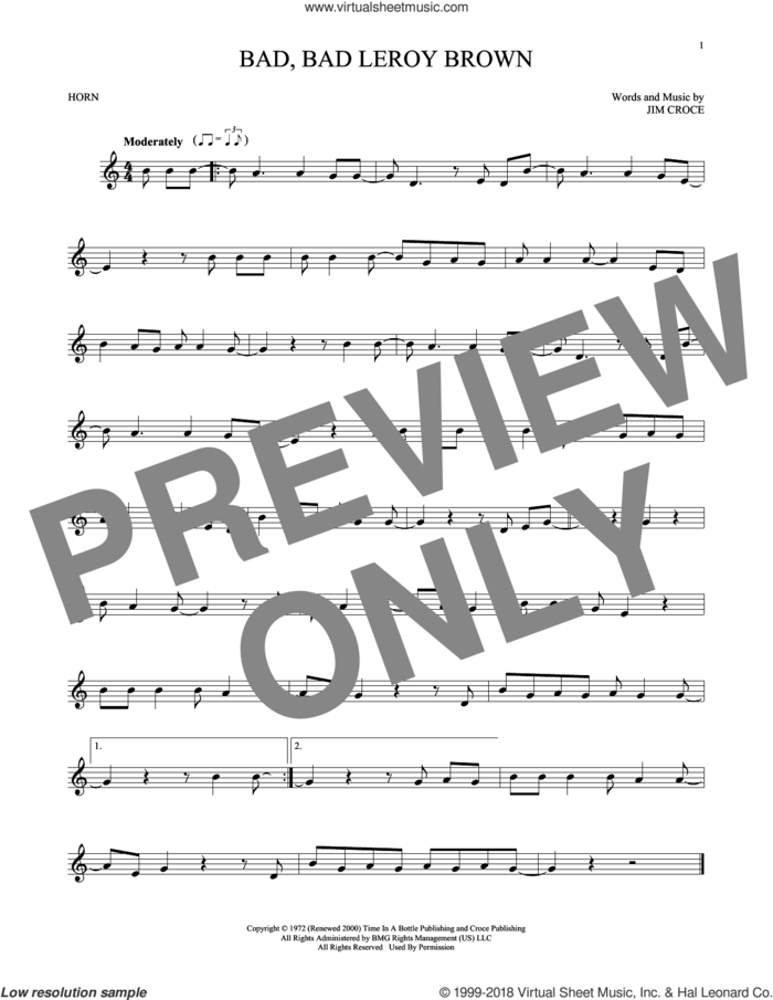Bad, Bad Leroy Brown sheet music for horn solo by Jim Croce, intermediate skill level