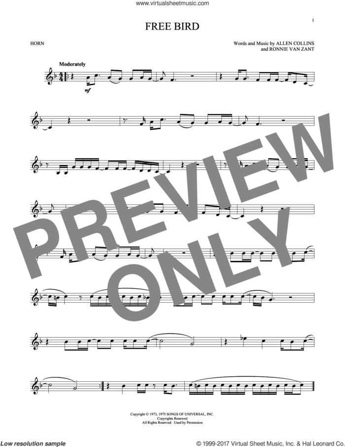 Free Bird sheet music for horn solo by Lynyrd Skynyrd, Allen Collins and Ronnie Van Zant, intermediate skill level