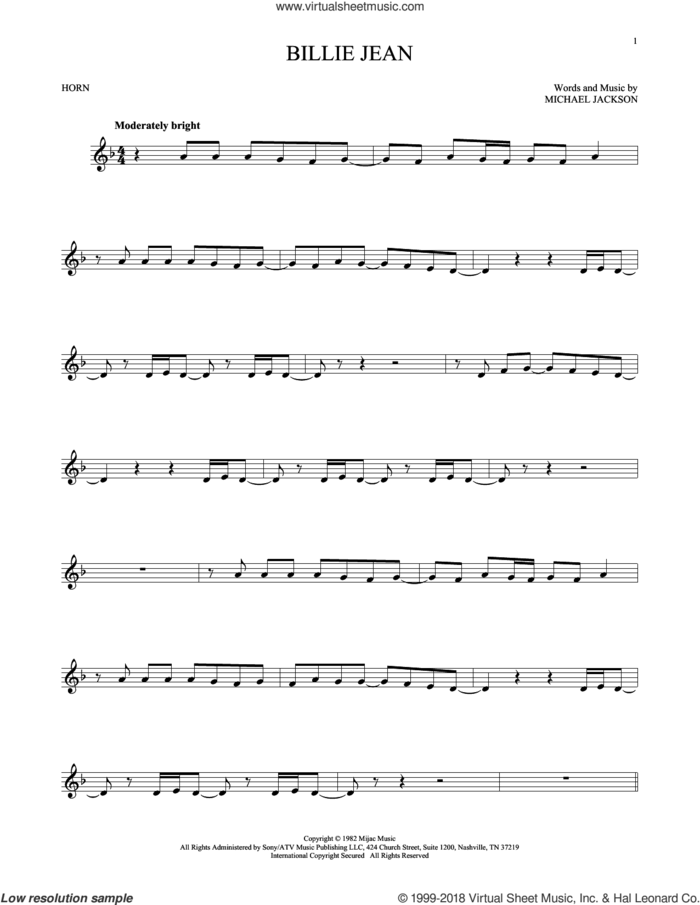 Billie Jean sheet music for horn solo by Michael Jackson, intermediate skill level