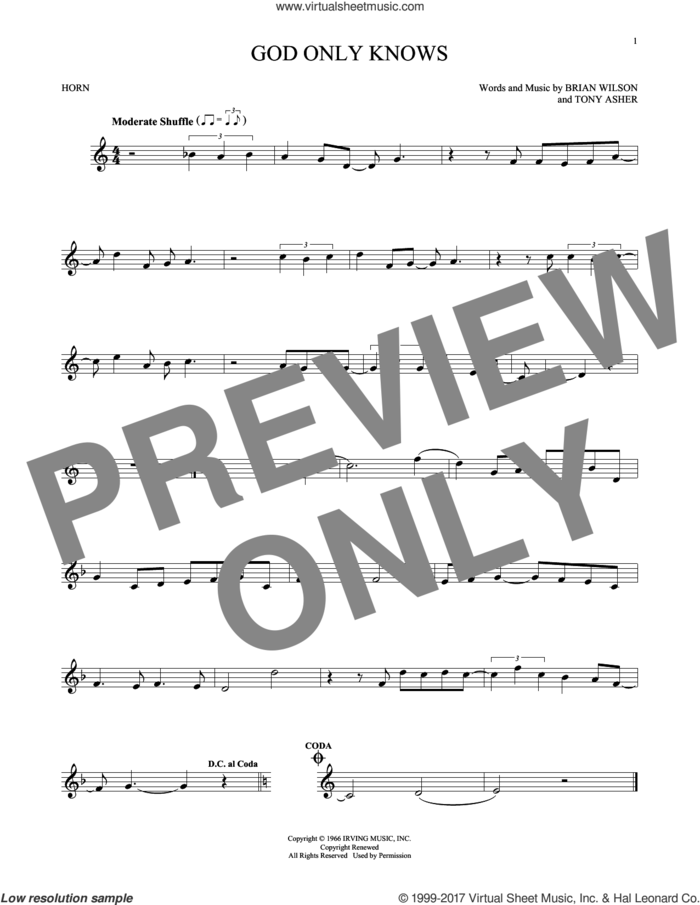 God Only Knows sheet music for horn solo by The Beach Boys and Brian Wilson, intermediate skill level