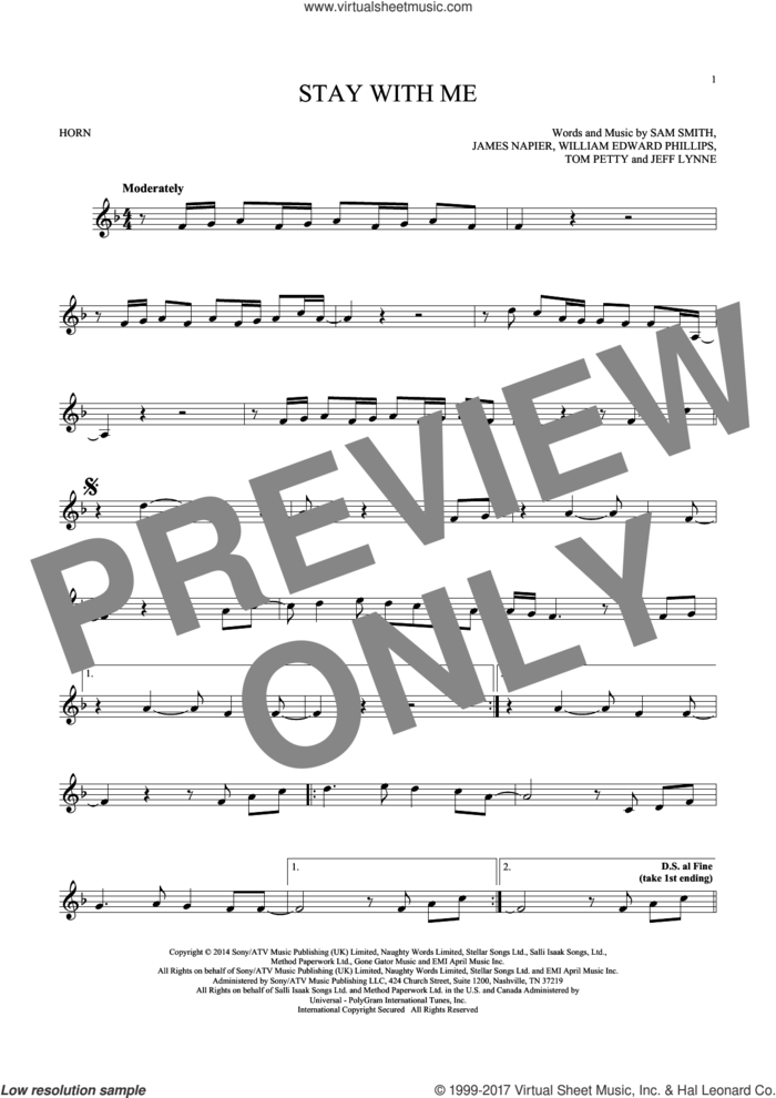Stay With Me sheet music for horn solo by Sam Smith, James Napier, Jeff Lynne, Tom Petty and William Edward Phillips, intermediate skill level