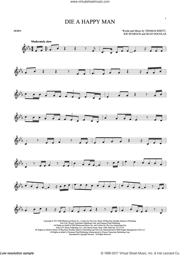 Die A Happy Man sheet music for horn solo by Thomas Rhett, Joe Spargur and Sean Douglas, intermediate skill level