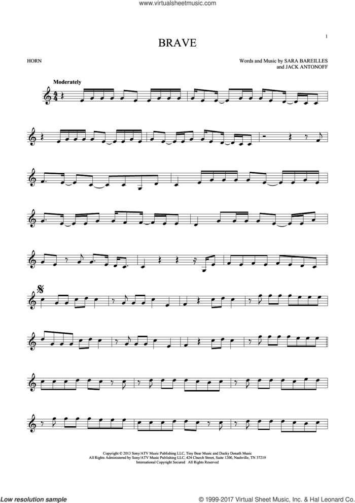 Brave sheet music for horn solo by Sara Bareilles and Jack Antonoff, intermediate skill level