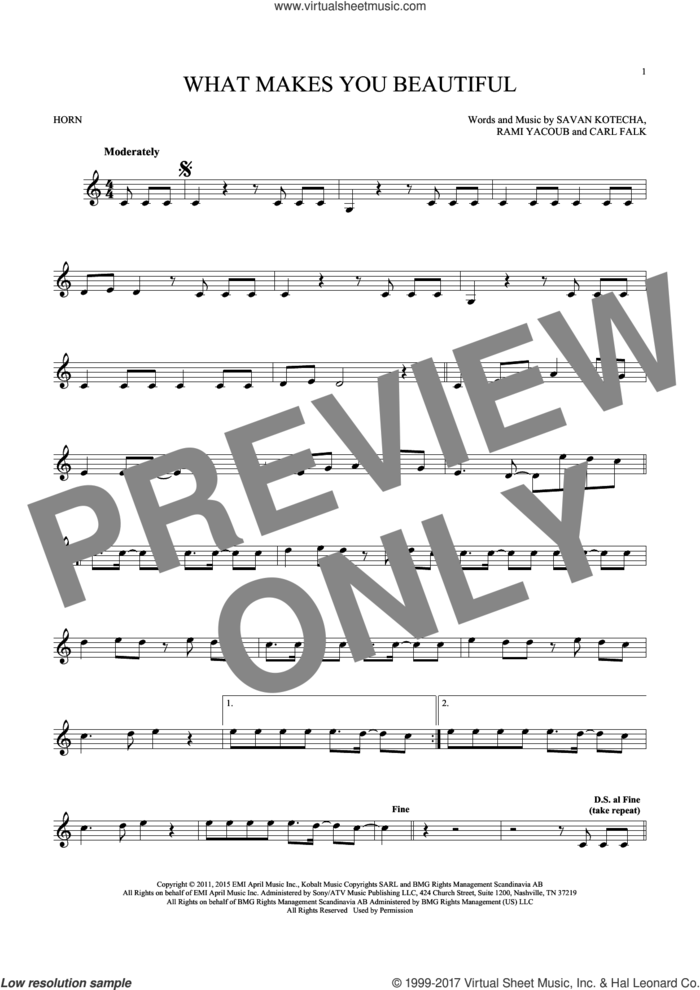 What Makes You Beautiful sheet music for horn solo by One Direction, Carl Falk and Savan Kotecha, intermediate skill level