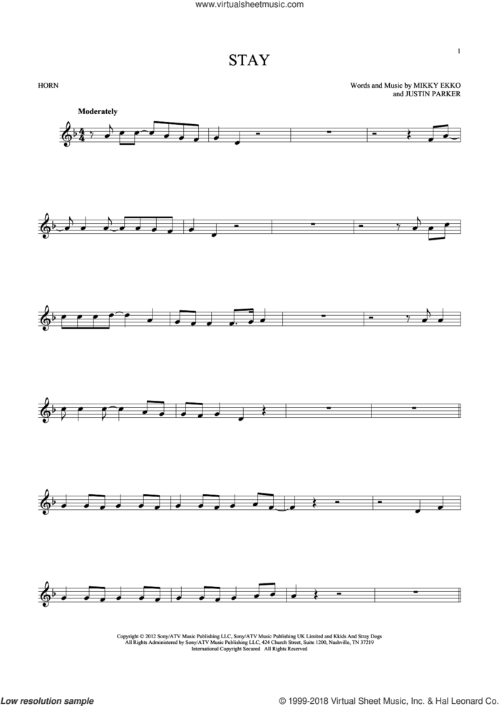 Stay sheet music for horn solo by Rihanna, Justin Parker and Mikky Ekko, intermediate skill level