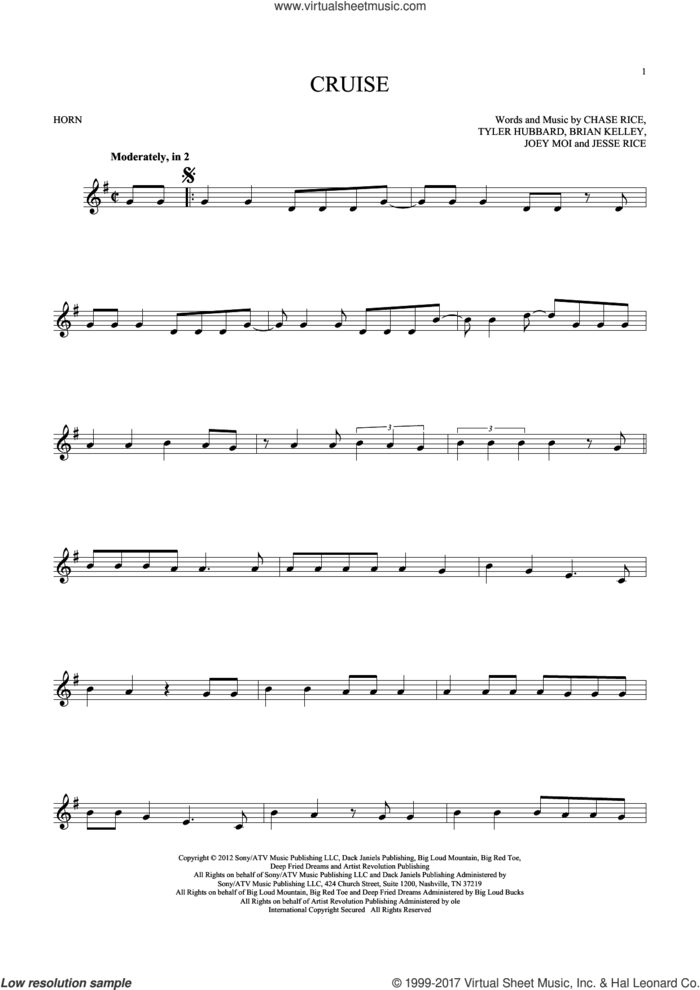 Cruise sheet music for horn solo by Florida Georgia Line, Brian Kelley, Chase Rice, Jesse Rice, Joey Moi and Tyler Hubbard, intermediate skill level