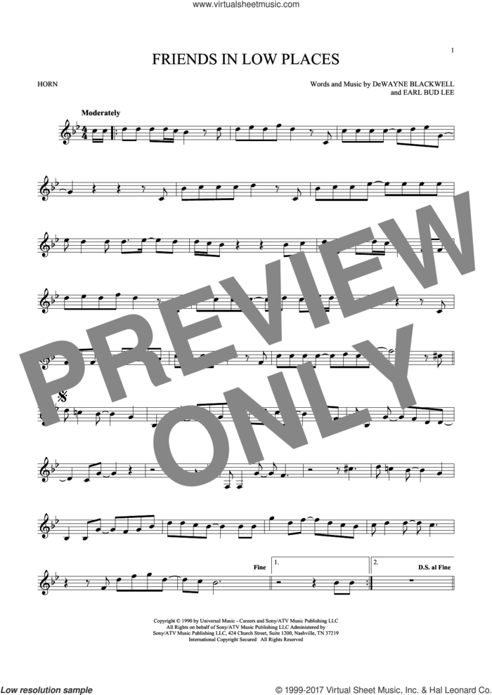 Friends In Low Places sheet music for horn solo by Garth Brooks, DeWayne Blackwell and Earl Bud Lee, intermediate skill level
