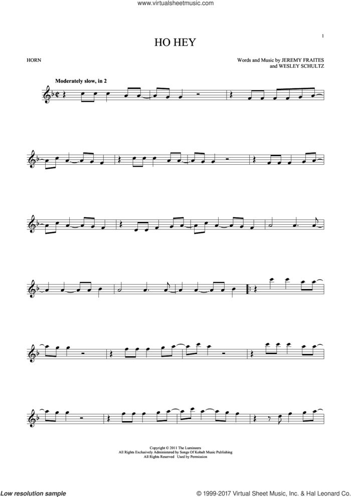 Ho Hey sheet music for horn solo by The Lumineers, Jeremy Fraites and Wesley Schultz, intermediate skill level