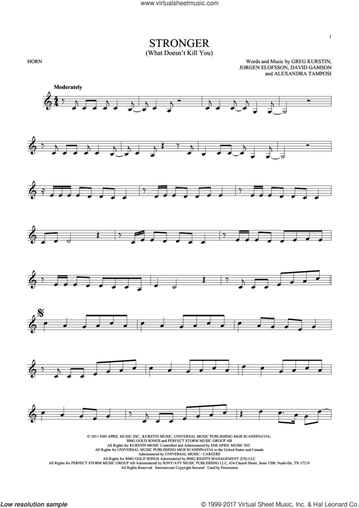 Stronger (What Doesn't Kill You) sheet music for horn solo by Kelly Clarkson, Alexandra Tamposi, Greg Kurstin and Jorgen Elofsson, intermediate skill level