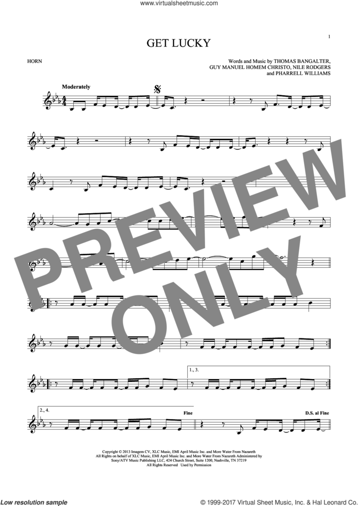 Get Lucky sheet music for horn solo by Daft Punk Featuring Pharrell Williams, Guy Manuel Homem Christo, Nile Rodgers, Pharrell Williams and Thomas Bangalter, intermediate skill level