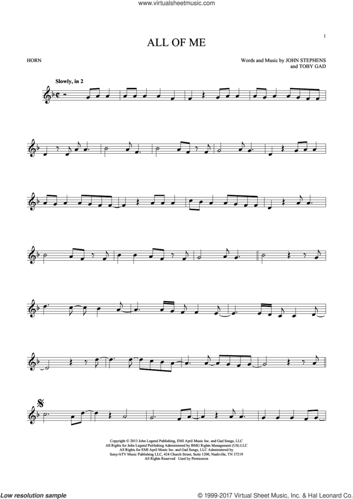 All Of Me sheet music for horn solo by John Legend, John Stephens and Toby Gad, wedding score, intermediate skill level