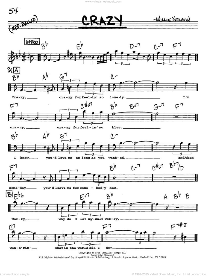 Crazy sheet music for voice and other instruments  by Willie Nelson and Patsy Cline, intermediate skill level