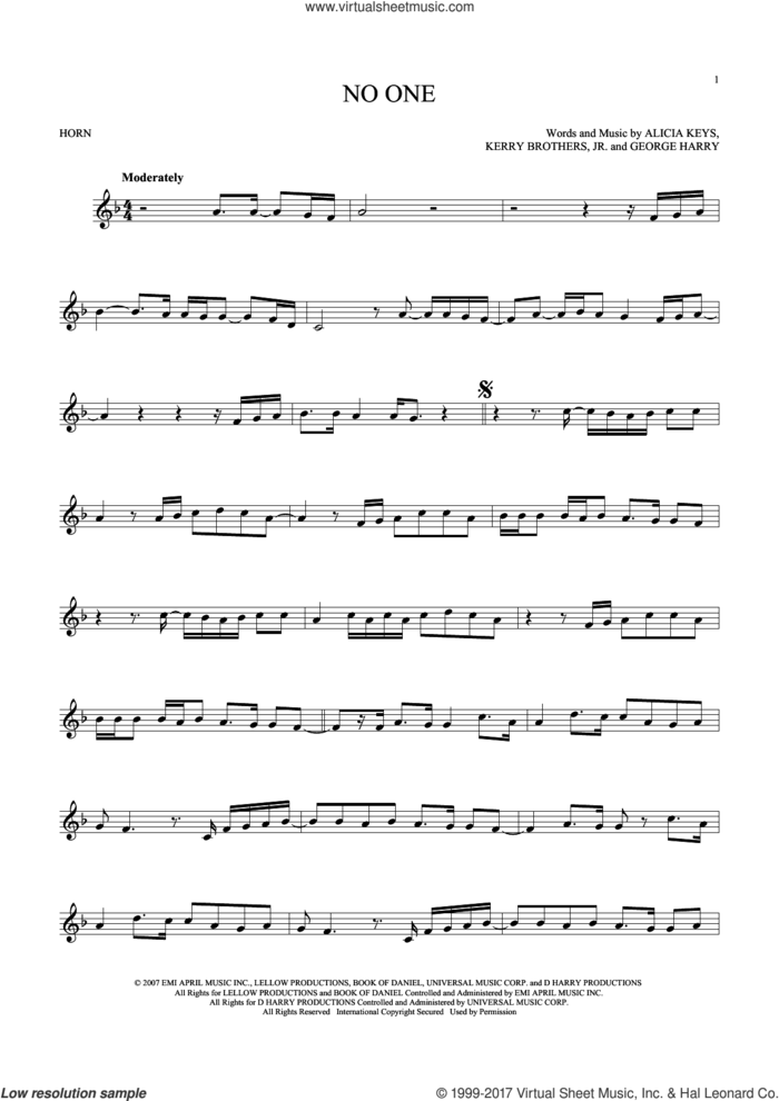 No One sheet music for horn solo by Alicia Keys, George Harry and Kerry Brothers, intermediate skill level