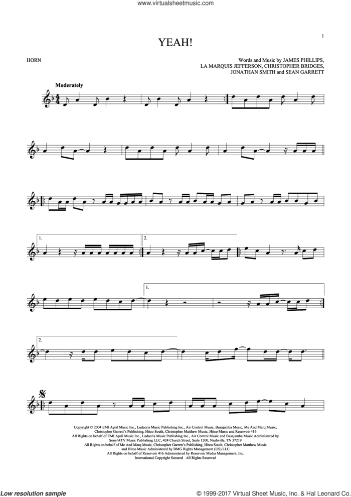 Yeah! sheet music for horn solo by Usher featuring Lil Jon & Ludacris, intermediate skill level