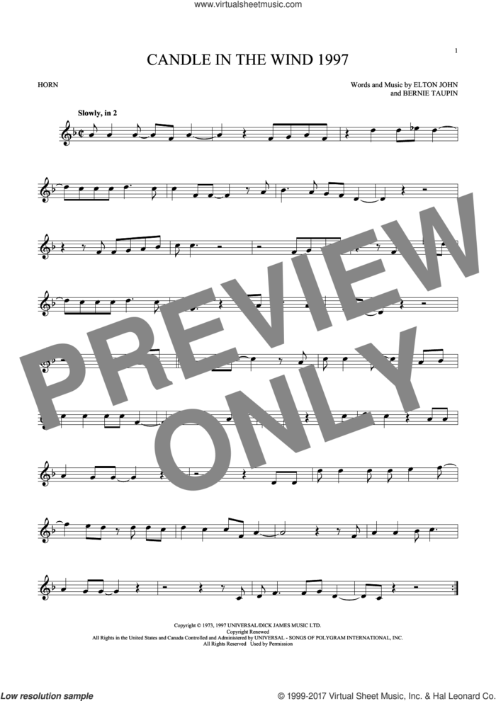 Candle In The Wind 1997 sheet music for horn solo by Elton John and Bernie Taupin, intermediate skill level
