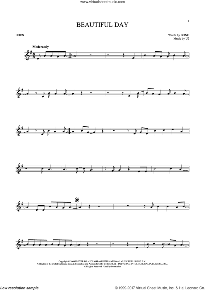 Beautiful Day sheet music for horn solo by U2 and Bono, intermediate skill level