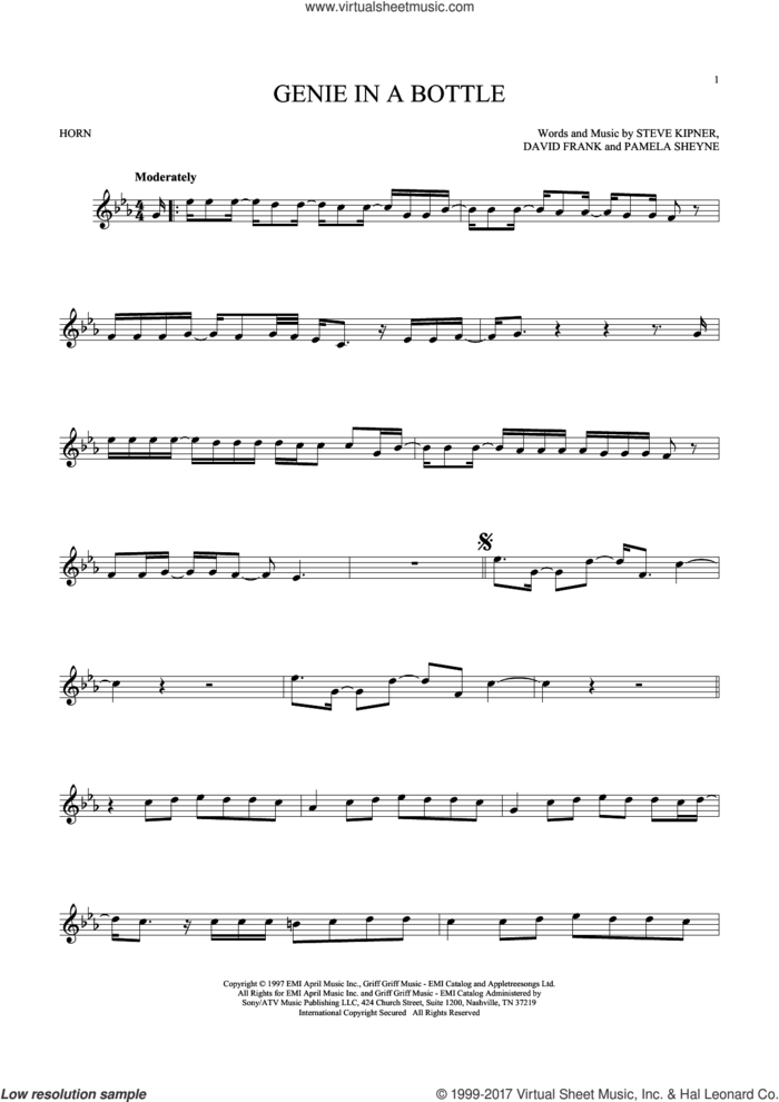 Genie In A Bottle sheet music for horn solo by Christina Aguilera, David Frank, Pam Sheyne and Steve Kipner, intermediate skill level