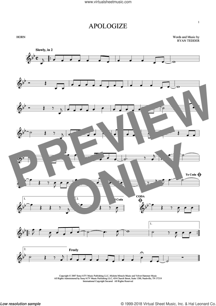 Apologize sheet music for horn solo by Timbaland featuring OneRepublic, OneRepublic and Ryan Tedder, intermediate skill level