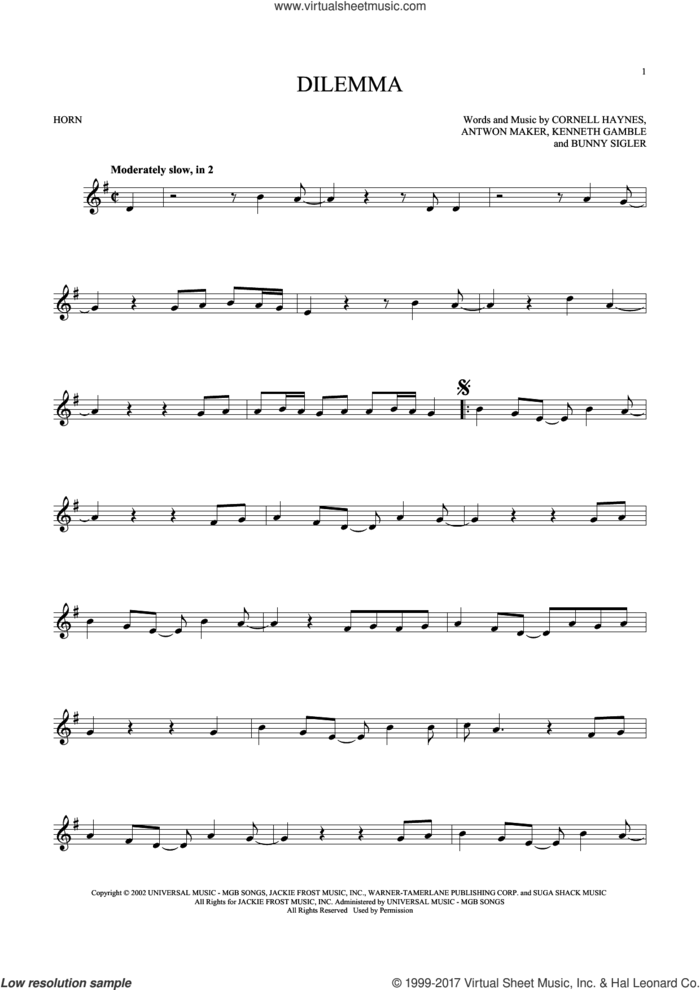 Dilemma sheet music for horn solo by Nelly featuring Kelly Rowland, Antwon Maker, Bunny Sigler, Cornell Haynes and Kenneth Gamble, intermediate skill level