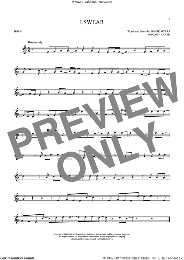 I Swear sheet music for horn solo by All-4-One, Frank Myers and Gary Baker, wedding score, intermediate skill level