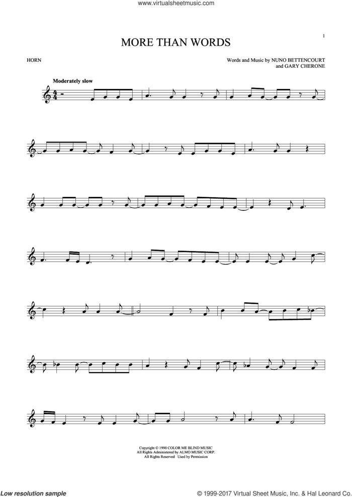 More Than Words sheet music for horn solo by Extreme, Gary Cherone and Nuno Bettencourt, intermediate skill level