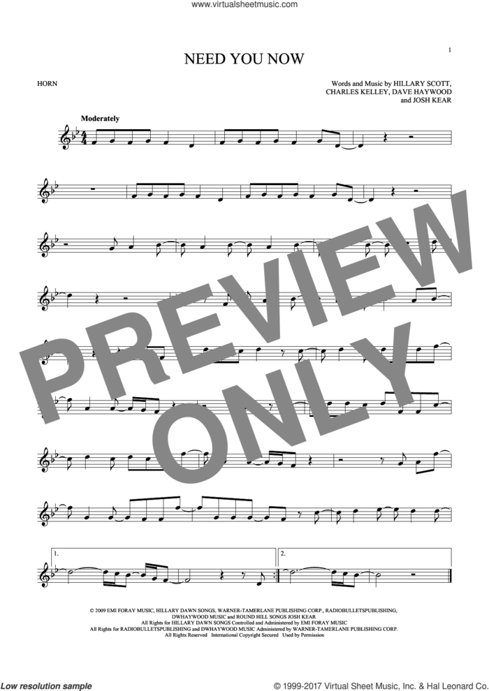 Need You Now sheet music for horn solo by Lady Antebellum, Lady A, Charles Kelley, Dave Haywood, Hillary Scott and Josh Kear, intermediate skill level