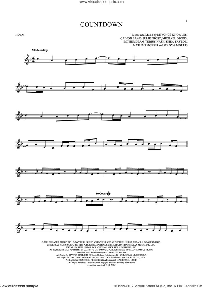 Countdown sheet music for horn solo by Beyonce, Beyonce Knowles, Cainon Lamb, Ester Dean, Julie Frost, Michael Bivins, Nathan Morris, Shea Taylor, Terius Nash and Wanya Morris, intermediate skill level
