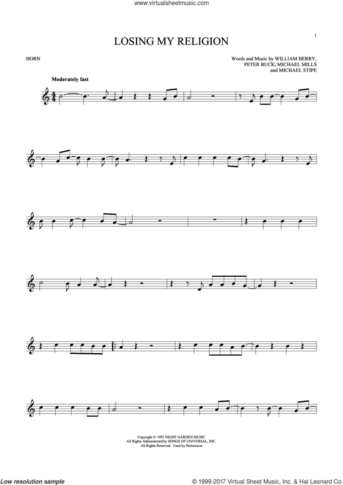 Losing My Religion sheet music for horn solo by R.E.M., intermediate skill level
